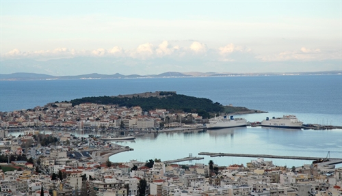 The port town of Mytilini, on the Greek Island of Lesbos, entry point to Europe for hundreds of thousands of refugees. Eight miles in the distance is the Turkish shoreline. 