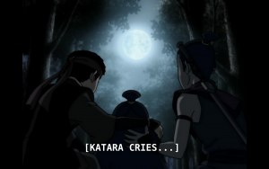 A still from Avatar, Katara kneels crying under the full moon, Aang and Sokka stand beside her