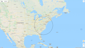 Map - 500mi Aerial Radius of Cumberland, VA