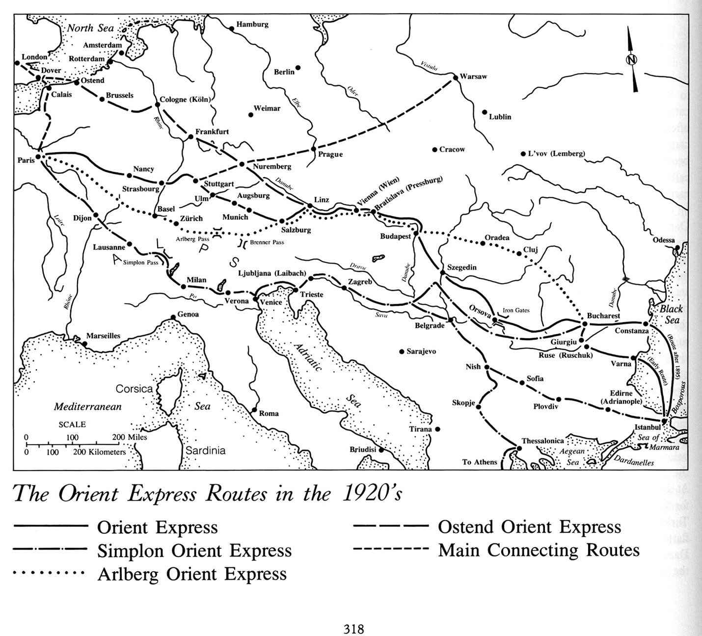 Map from brochure for the Simplon Orient Express, c. 1932